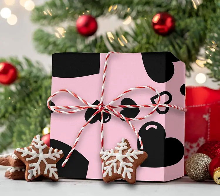 Varied Black Hearts on Pink, Valentine Wrapping Paper, medium roll