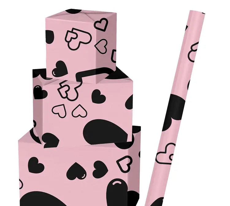 Varied Black Hearts on Pink, Valentine Wrapping Paper, medium roll