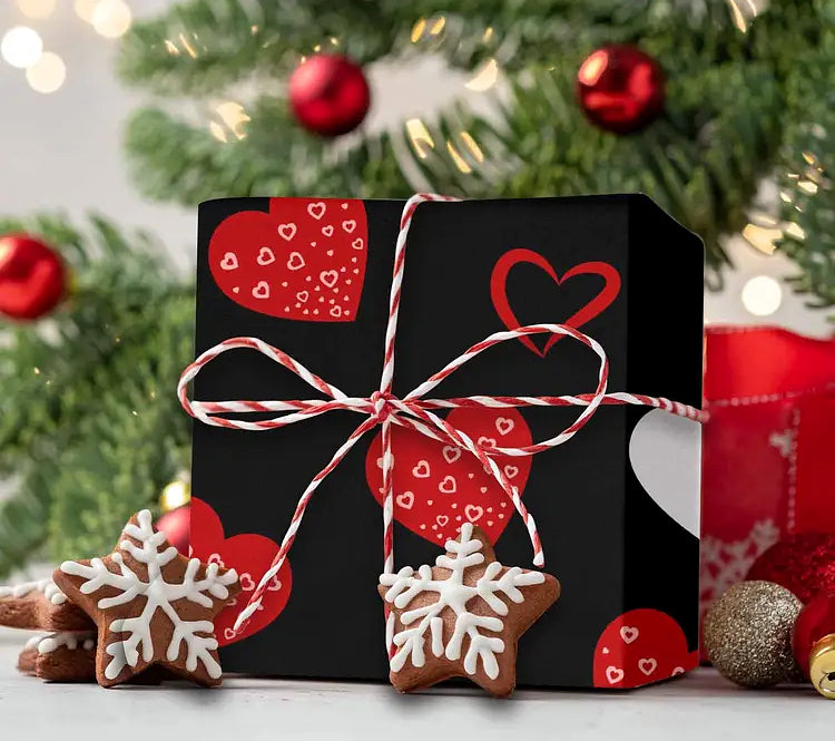 Varied Red Hearts on Black Valentine Wrapping Paper, Medium Roll