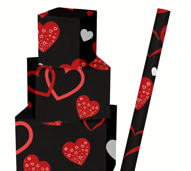 Varied Red Hearts on Black Valentine Wrapping Paper, Medium Roll