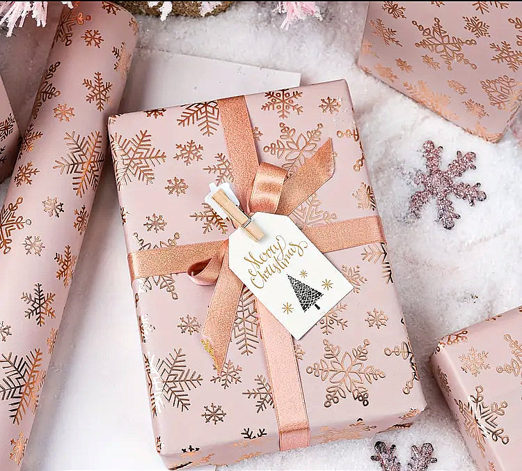 Blush Pink on Pink Metallic Snowflakes Christmas Wrapping Paper, short roll