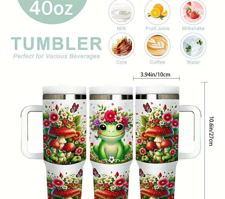 Cartoon Frog with Red Mushrooms Insulated Stainless Steel Travel Mug 40 oz