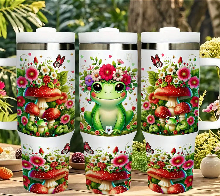 Cartoon Frog with Red Mushrooms Insulated Stainless Steel Travel Mug 40 oz