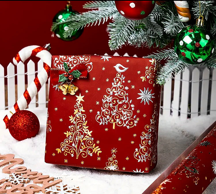 Silver and Gold Metallic Swirl Christmas Tree Wrapping Paper, short roll