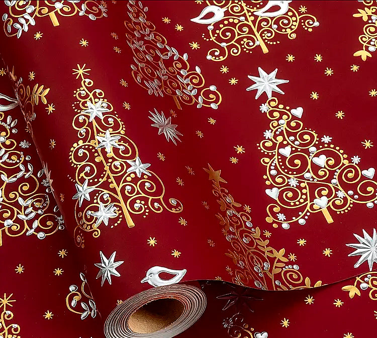 Silver and Gold Metallic Swirl Christmas Tree Wrapping Paper, short roll