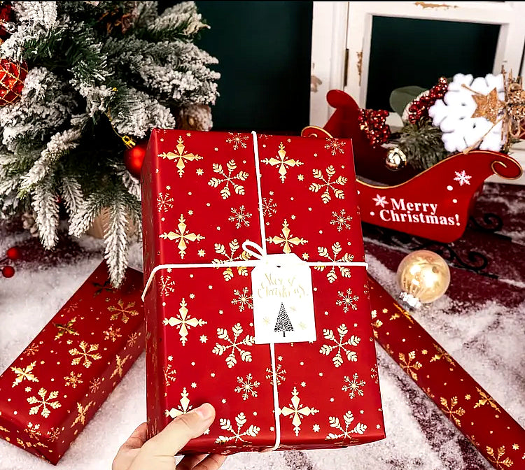 Gold Snowflakes on Red, Christmas Wrapping Paper, short roll