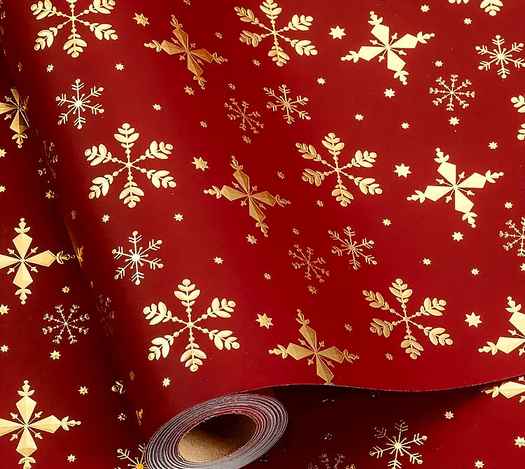 Gold Snowflakes on Red, Christmas Wrapping Paper, short roll
