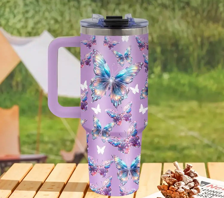 Multicolor Butterfly Stainless Steel Insulated Travel Mug on Lavender, with Straw