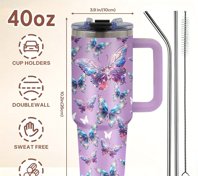 Multicolor Butterfly Stainless Steel Insulated Travel Mug on Lavender, with Straw