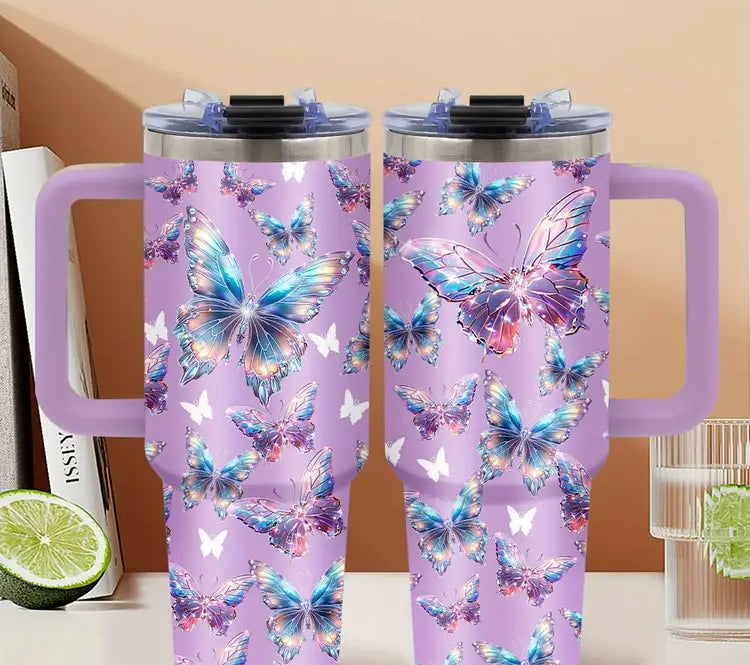 Multicolor Butterfly Stainless Steel Insulated Travel Mug on Lavender, with Straw