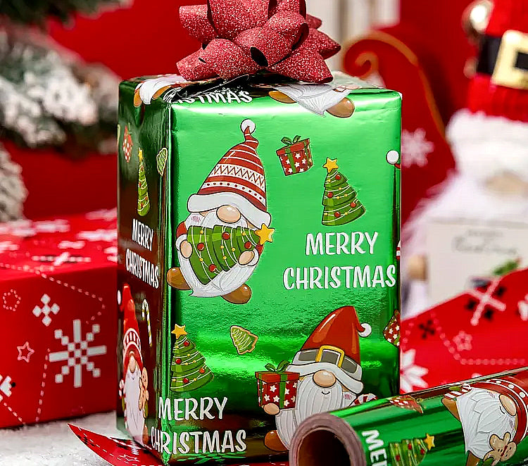 Metallic Lime Green with Gnomes, Christmas Wrapping Paper, short roll
