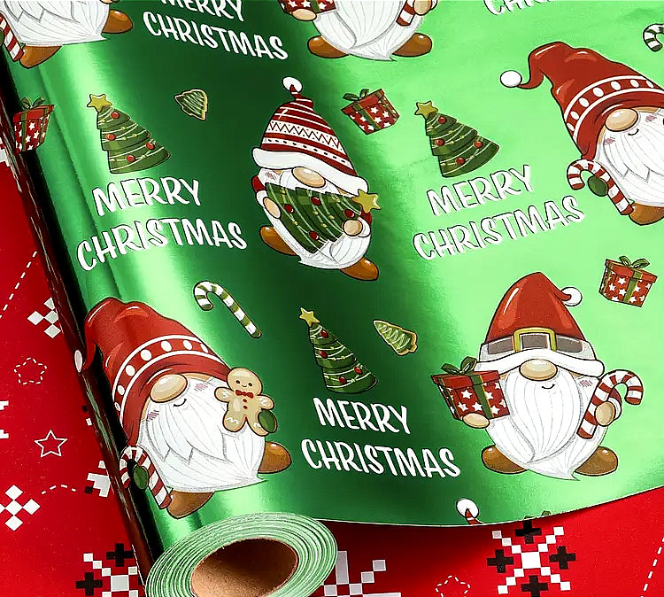 Metallic Lime Green with Gnomes, Christmas Wrapping Paper, short roll