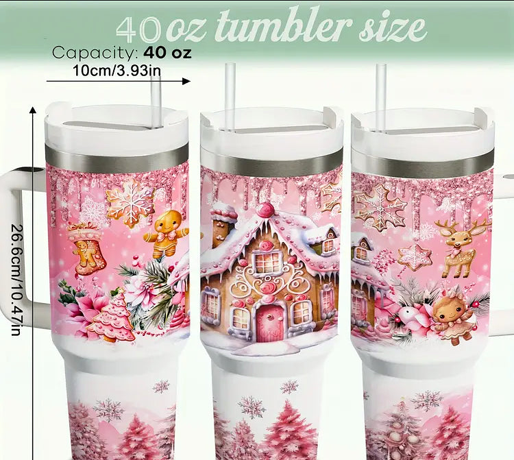 Pink Gingerbread House 40 oz Stainless Steel Insulated Travel Mug