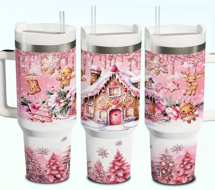 Pink Gingerbread House 40 oz Stainless Steel Insulated Travel Mug