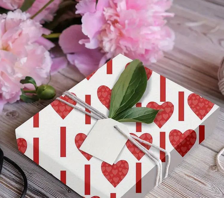 Red Patterned Hearts w Lines on White, Valentine Wrapping Paper, medium roll