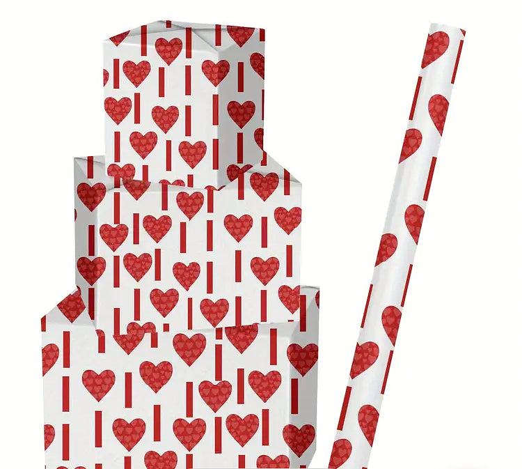 Red Patterned Hearts w Lines on White, Valentine Wrapping Paper, medium roll