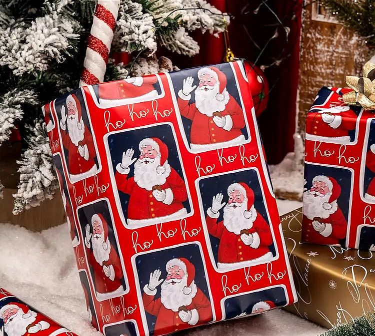 Santa Ho Ho Ho on Red, Christmas Wrapping Paper, Reversible, short roll