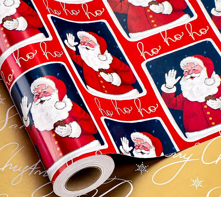 Santa Ho Ho Ho on Red, Christmas Wrapping Paper, Reversible, short roll