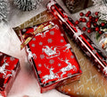 White Santa Sleigh w Reindeer on Red, Christmas Wrapping Paper, reversible, short roll