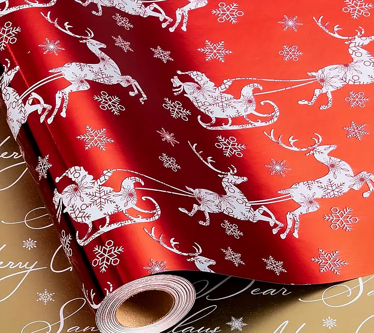 White Santa Sleigh w Reindeer on Red, Christmas Wrapping Paper, reversible, short roll