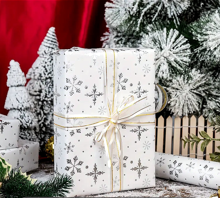 Silver Snowflakes on White Christmas Paper, short roll