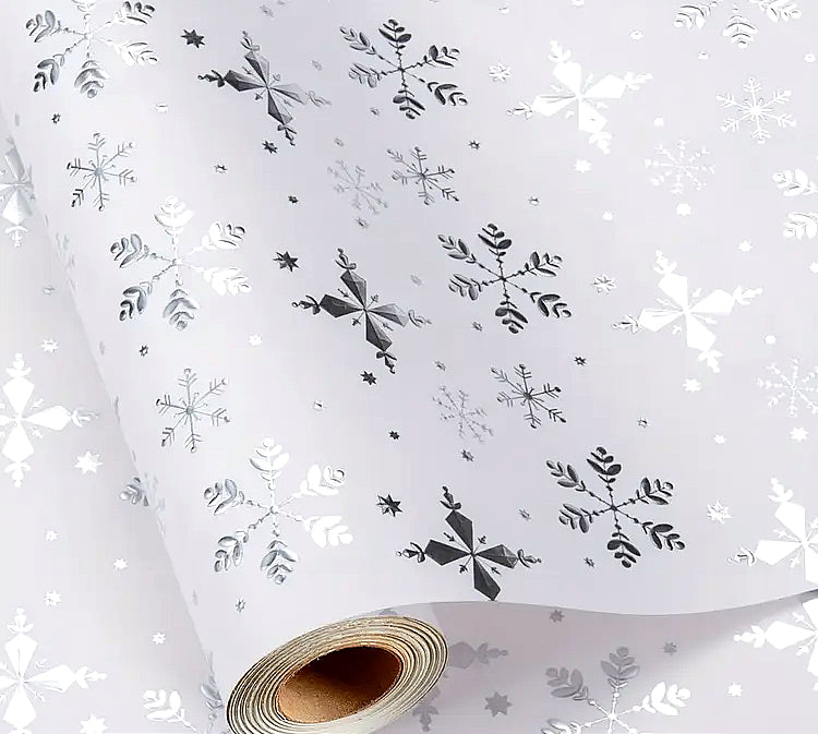 Silver Snowflakes on White Christmas Paper, short roll