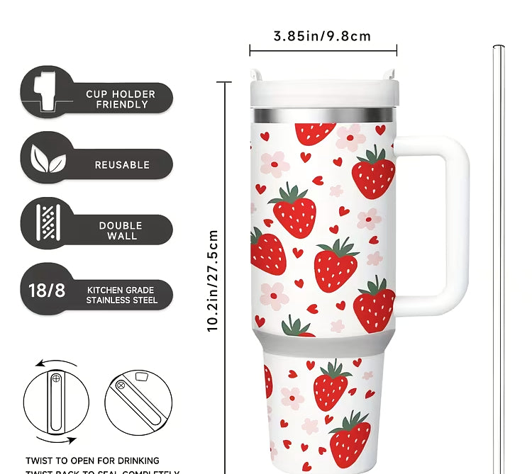 Red Strawberries on White 40 oz Insulated 40 oz Travel Mug