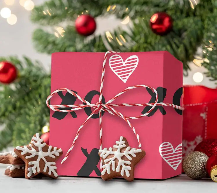 White Hearts Black XO on Dark Pink Valentine Wrapping Paper, medium roll