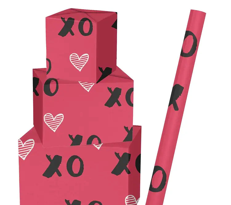 White Hearts Black XO on Dark Pink Valentine Wrapping Paper, medium roll