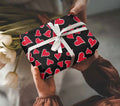 White Lined Red Hearts on Black, Valentine Wrapping Paper, medium roll