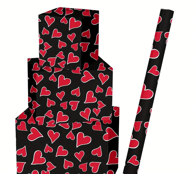 White Lined Red Hearts on Black, Valentine Wrapping Paper, medium roll